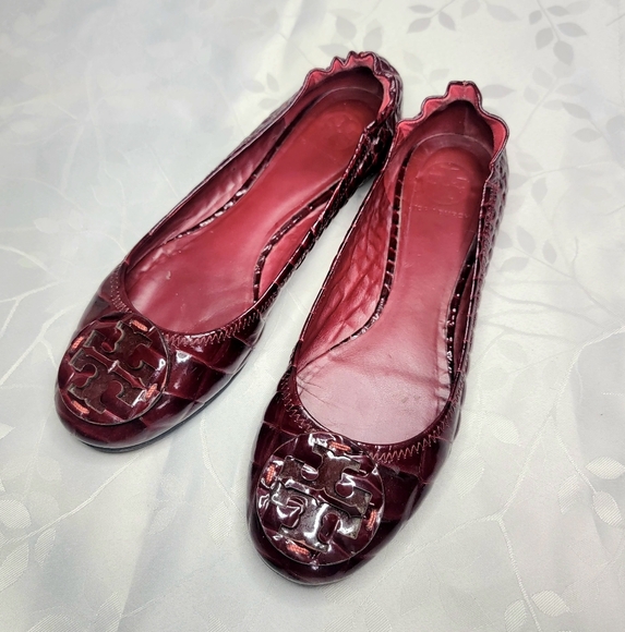 Tory Burch Reva Dark Red Patent Croc Leather‎ Ballet Flats Comfort Shoes 9.5 - Picture 1 of 12